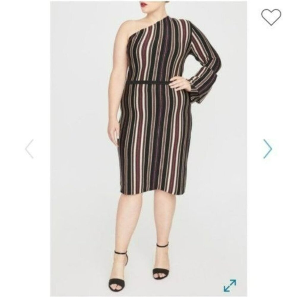NEW Rachel Roy Dress 1X One Shoulder Bell Sleeve Stripe Black Maroon Gold
